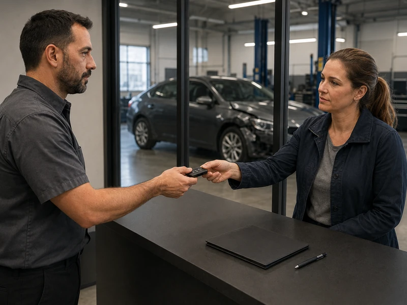 Un cliente entrega las llaves del auto sobre el mostrador a un asesor de servicio, con las bahías de reparación visibles a través del vidrio detrás de ellos