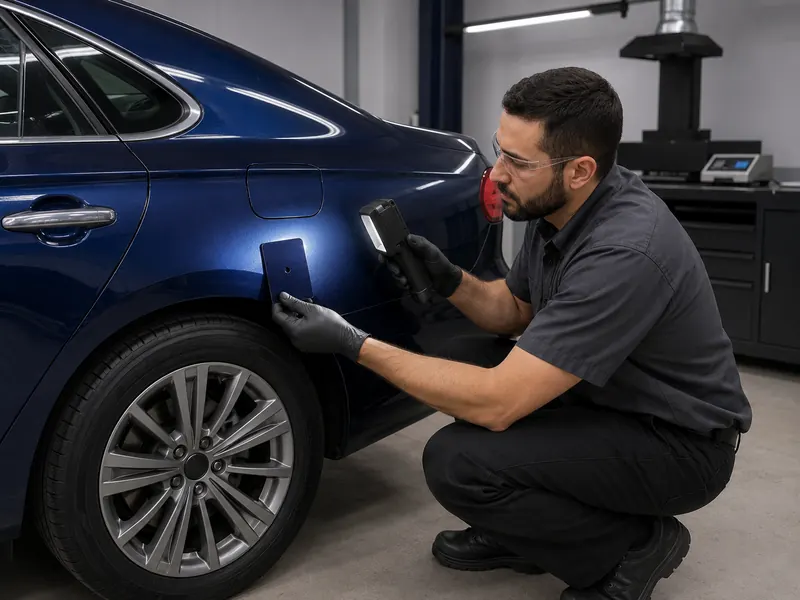 Technician holding a sprayed test card against the rear quarter of a navy car while checking it with a colour matching light