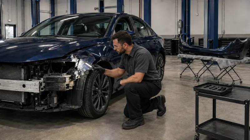 Technician crouched beside a navy sedan with the front bumper removed, examining the damaged fender