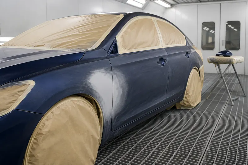 A navy sedan masked with paper and tape inside a spray booth, one door and the adjacent fender left exposed